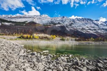 Strong shoaling Medicine Lake in the fall. Jasper National Park, Canada
