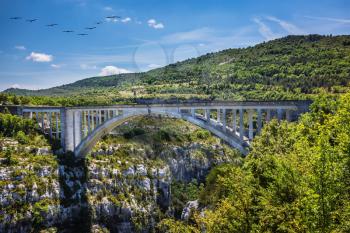 The largest alpine canyon Verdon. The white bridge over tributary of the river Verdon Artuby. Verdon, Provence, France