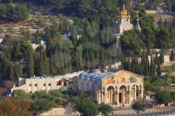 Church of All Nations and the golden domes of the Church of Mary Magdalene. Mount of Olives in East Jerusalem