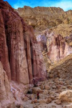 The majestic Amram pillars of pink sandstone. Warm January day in Eilat, Israel