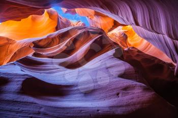 Phenomenal orange and purple hues slot canyon Antelope.  Arizona, USA. Upper Antelope Canyon in the Navajo reservation