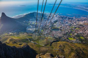 The concept of active tourism and recreation. Travel to Africa. Panorama Cape Town, photographed from  cableway cabin 