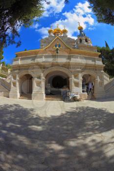 Orthodox Church of Mary Magdalene in Jerusalem. Above the triangular portico golden domes topped with golden crosses