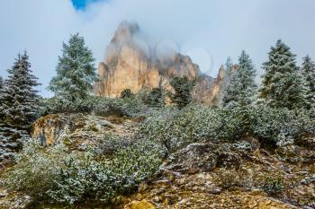 Dolomites in Northern Italy. Alpine Pass Giau. Coniferous forest on mountain slopes covered with the first snow.
