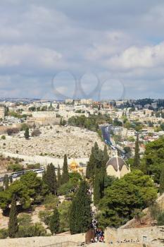 Holy Jerusalem from the Mount of Olives. Golden domes of an Orthodox church of Mary Magdalene