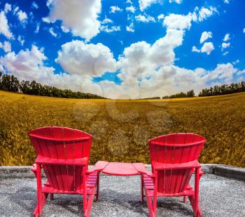Convenient, comfortable red chairs in a wheat field. The concept of eco-tourism. Rustic vacation