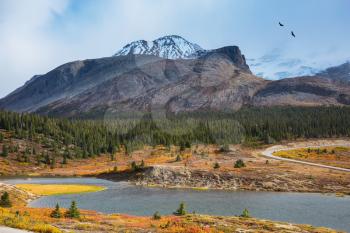 Lake from the melting of huge glaciers. The magnificent Rocky Mountains in Canada, Icefields Parkway Road 
