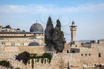 Walls of ancient Jerusalem.  Bright sunny autumn morning