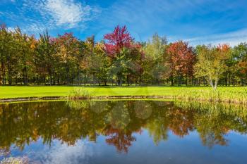 Adorable oval pond in the beautiful park. Shining day in French Canada. Concept of recreational tourism. Red and orange autumn foliage reflected in clear water of the pond
