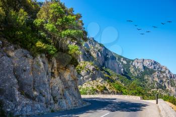  Turn of the mountain road. In the sky flies a flock of migrating cranes. The largest alpine canyon Verdon, Provence, France