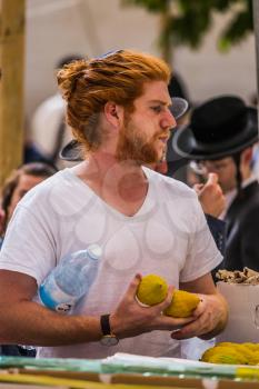 JERUSALEM, ISRAEL - OKTOBER 16, 2016: Young religious man in black skullcap chooses ritual  etrog. Traditional market before the holiday of Sukkot