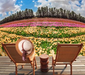 Concept of ecological tourism. Straw women's hat on a back a sun lounger. Wooden chaise lounges in the meadow with flowers. Concept of ecological tourism. Rural rest