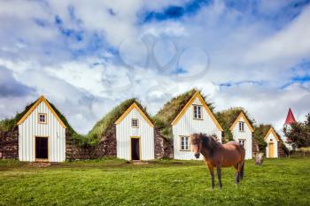 Ethnographic Museum-estate Glaumbaer, Iceland. The picturesque village of old houses covered with turf and grass. The concept of the ethnographic and cultural tourism