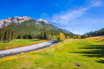  The drying-up stream in the mountain valley park Banff. Sunny autumn day in the Rocky Mountains of Canada