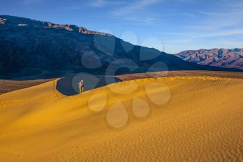 The woman with camera have difficulty climbing dune. Mesquite Flat Sand Dunes. Bright sunny morning in a picturesque part of Death Valley, USA