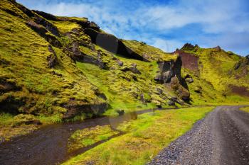 Canyon Pakgil in Iceland. Picturesque basalt hills covered with green grass and moss-polar. At the bottom of the canyon flowing streams lot