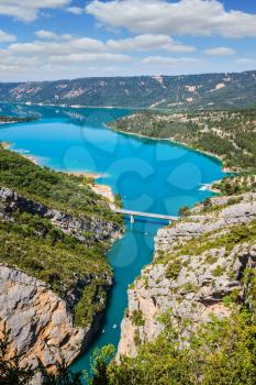 The largest alpine canyon Verdon spring. Emerald  river is flowing at the bottom of the gorge