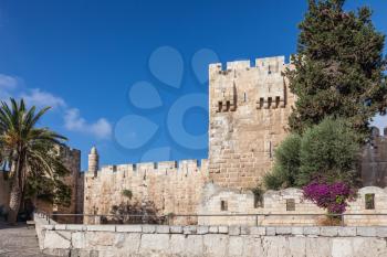 Walls of ancient Jerusalem.  Bright sunny autumn morning