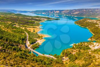 The Verdon River, Provence Alps, France. The river flow in Verdon Canyon. Fascinating journey through the azure waters. Concept of ecological and active tourism