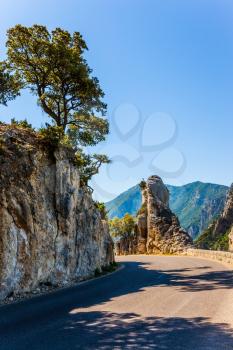 Picturesque and dangerous mountain road in the Provence. The fascinating journey to the canyon in Europe - Verdon. Concept of ecological, extreme and active tourism  