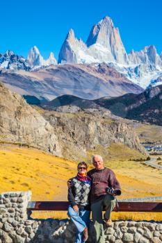Couple of nice pensioners take a selfie at fantastic rocks Fitz Roy