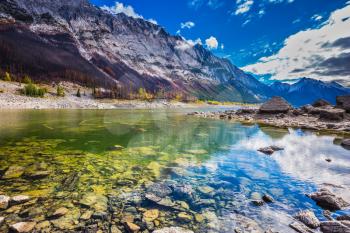 The picturesque Medicine Lake, has strongly shoaled in the fall. Jasper national park, Canada