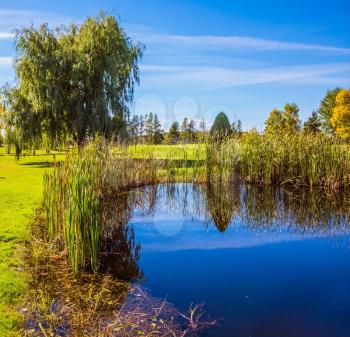 Small quiet pond with water mirror reflecting the blue sky. Phenomenally beautiful park with autumn foliage. Concept Golf tourism