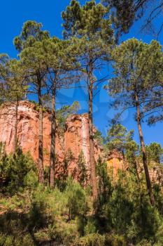 Green trees create contrast with the ocher. Multi-colored ocher outcrops - from yellow to orange-red. Roussillon, Provence Red Village