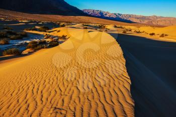 Sand dunes in Death Valley, USA. The contrast of shadow and light on the waves of sand at sunrise.