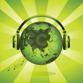 Royalty Free Clipart Image of a Green Earth Globe With Headphones