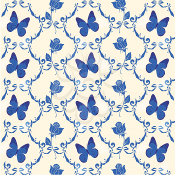 Royalty Free Clipart Image of a Butterfly and Flower Pattern
