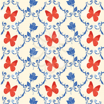 Royalty Free Clipart Image of a Pattern of Roses and Butterflies