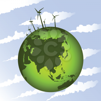 green earth with eco windmills on blue sky