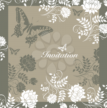 invitation postcard with butterflies and flowers