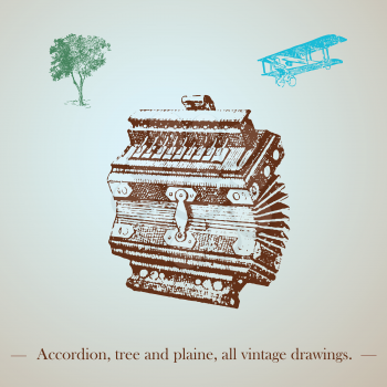 vintage accordion, tree and plane drawing