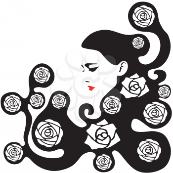 woman with long stylized hair and roses