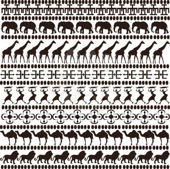 Royalty Free Clipart Image of an African Background With Animal and People Accents