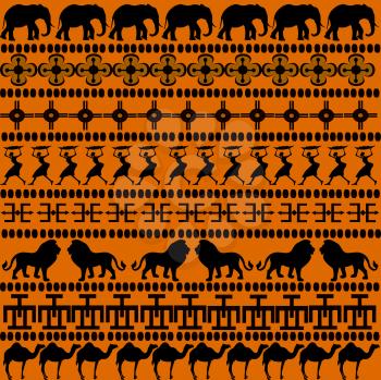 Royalty Free Clipart Image of a African Motif With Animals and a Woman