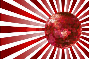 Red disco ball on red twirl background 
