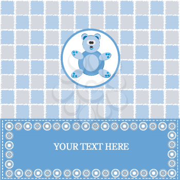 Royalty Free Clipart Image of a Blue Baby Greeting With a Teddy Bear