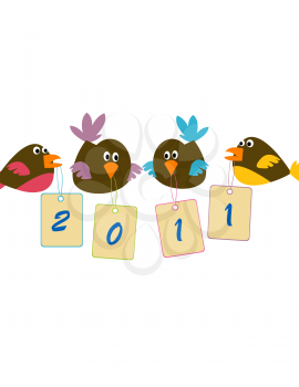 Royalty Free Clipart Image of Four Birds Holding Tags For 2011