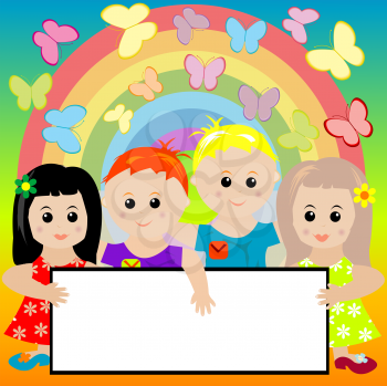 Royalty Free Clipart Image of Kids With a Banner on a Background of Butterflies and a Rainbow