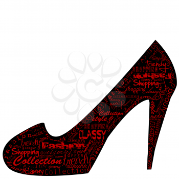 Royalty Free Clipart Image of a Shoe With Shopping and Fashion Words on It