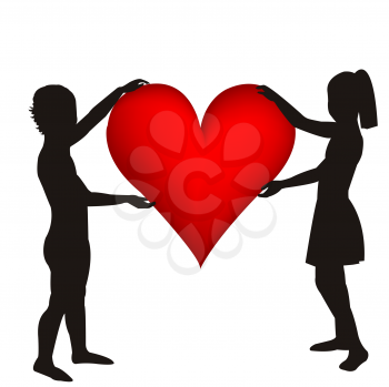 Royalty Free Clipart Image of Two Children in Silhouette Holding a Heart