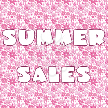 Background with pink stylized flowers and banner with Summer Sales
