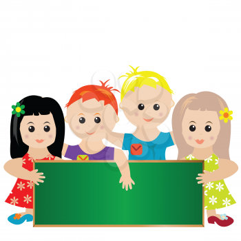 Group of stylized children holding a blackboard