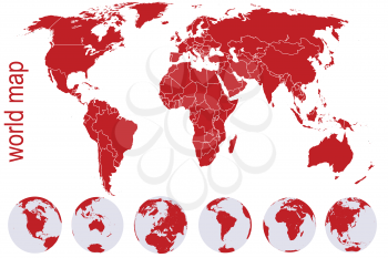Red world map with Earth globes