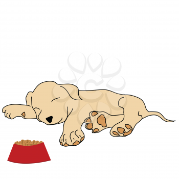 Sleeping puppy with food bowl