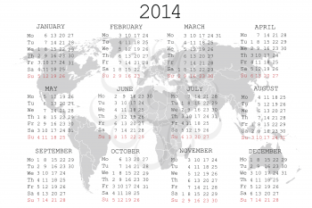 2014 Calendar with world map