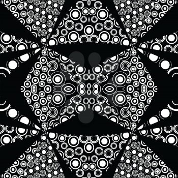 Black and white kaleidoscope background made of circles and dots